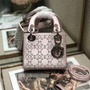 DIOR LADY 24 HANDBAG EMBOSSED DIAMOND IN SILVER CALFSKIN