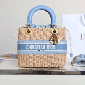 DIOR LADY 24 BASKET BAG IN BLUE OBLIQUE JACQUARD MIX BEIGE WICKER