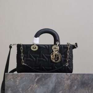 DIOR LADY D-JOY BAG 26 IN BLACK GRAPHIC CANNAGE CALFSKIN PALE GOLD-FINISH METAL CHARMS