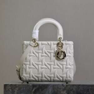 DIOR LADY BAG 24 IN WHITE GRAPHIC CANNAGE CALFSKIN PALE GOLD-FINISH METAL CHARMS