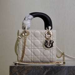 DIOR MINI LADY BAG 17 IN WHITE QUILTED MACROCANNAGE CALFSKIN BLACK STRAP