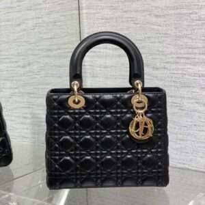 DIOR MEDIUM LADY BAG 24 IN BLACK CALFSKIN GOLD HARDWARE