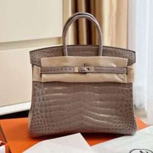 Hermes Birkin Crocodile Silver Handbags Brown 25cm