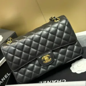 Chanel Classic Lock Gold With Black Wrinkled Skin Like Auth Handbags 25cm