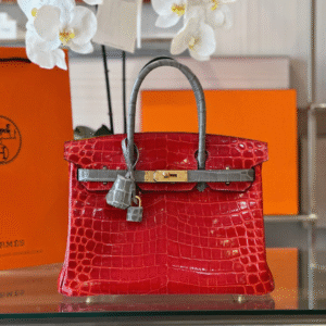 Hermes Birkin Crocodile Red With Grey Gold Lock 30cm