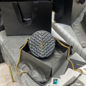 Saint Laurent YSL Women Vinyle Round Camera Bag in Chevron-Quilted Denim and Suede