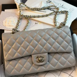 CHANEL FLAP BAG 25CM GOLD HARDWARE GREY CAVIAR