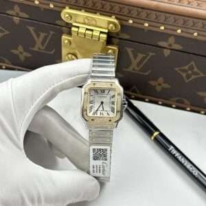 Cartier De Santos Small Imitation Watches White Dial Bezel Yellow With Stones 27×34.5mm