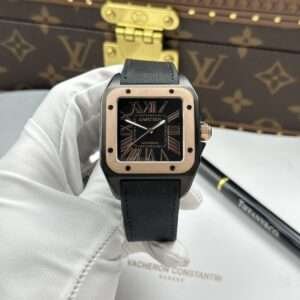 Cartier Santos Luxury Fake Watches Black Dial Bezel Rose Gold Automatic Movement 51.1×41.3mm