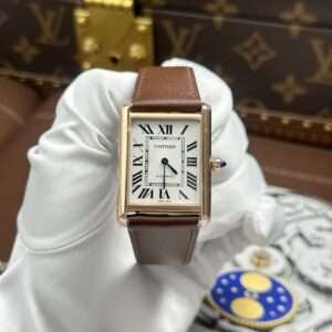 Cartier Tank Louis Copies Watches White Dial Leather Strap Brown 27.8×38.1mm